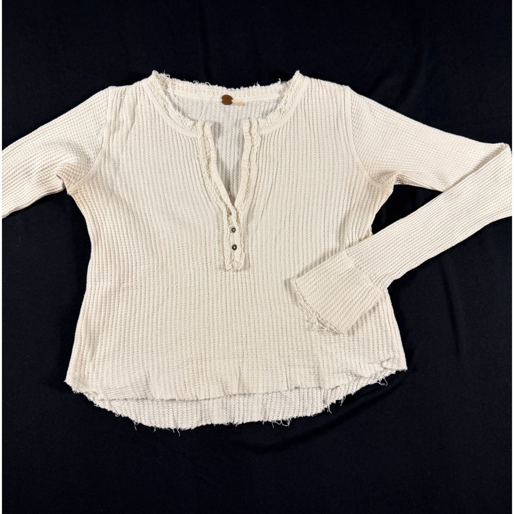 Free People FP One Colt Waffle Knit Henley Thermal Cream Raw Hem Long Sleeve Top